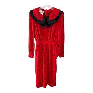 Vintage Albert Nipon Red Polka Dot Dress with Black Satin Collar & Bow – Made in